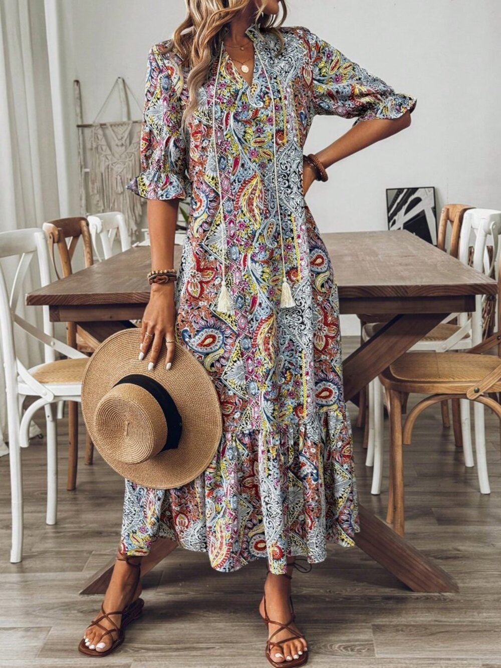 Multicolor Boho Women's Ruffle Hem & Tie Neck dress - Picture 3 of 6